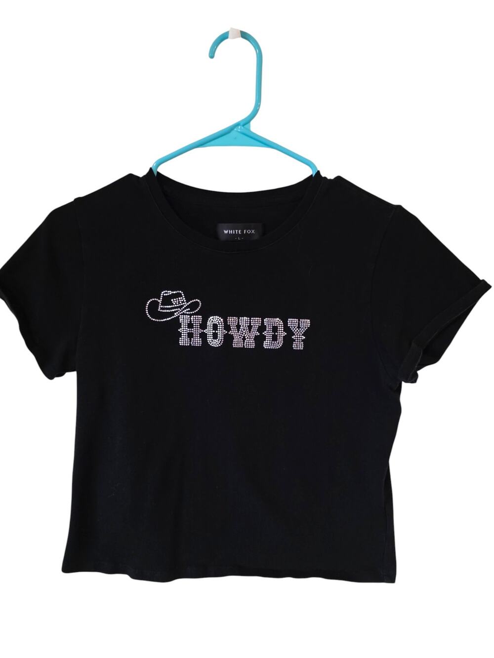 White Fox Women's Rhinestone Howdy Baby Tee Size Large Black